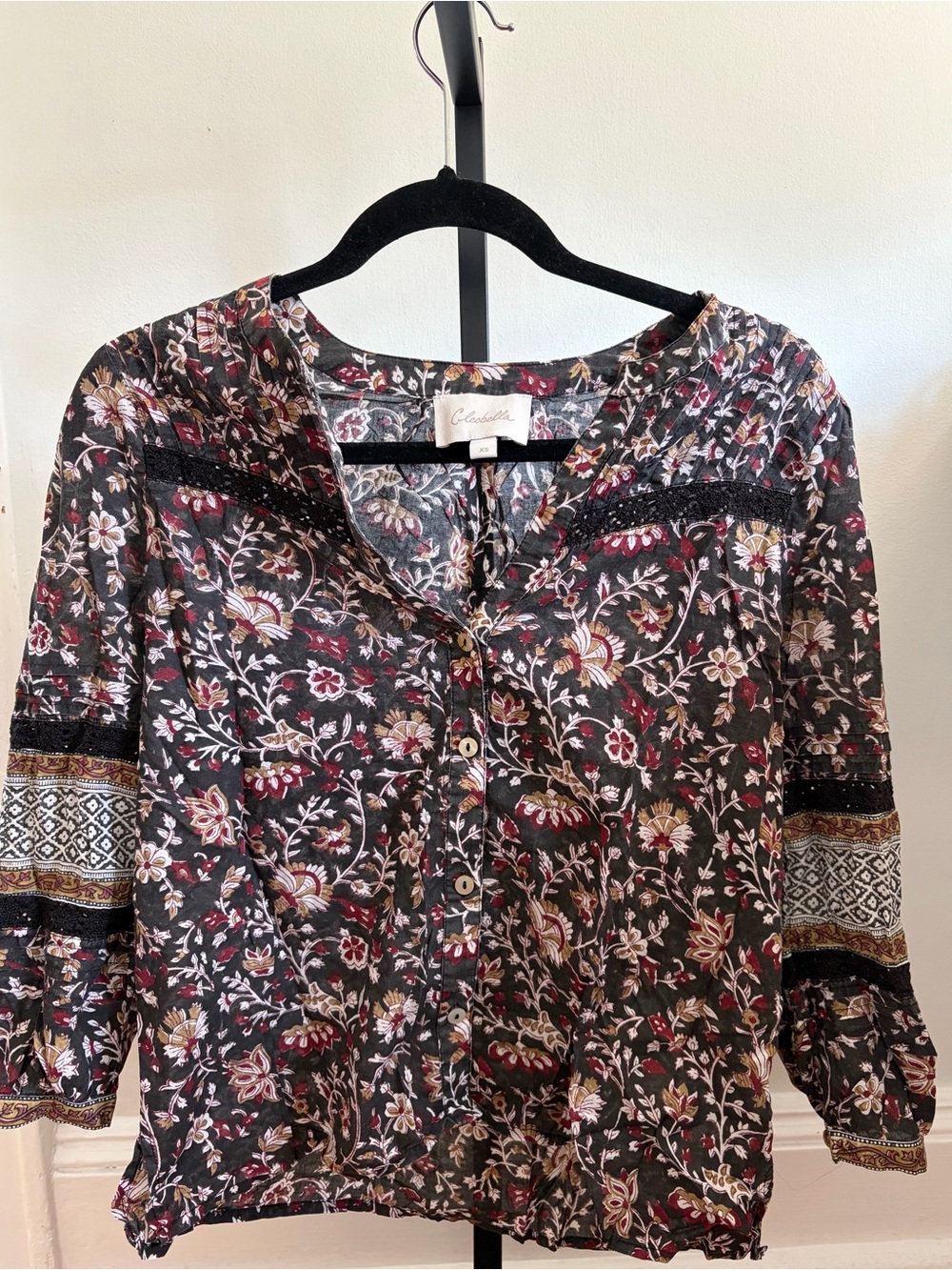 Cleobella Floral Button-Front Blouse — Black, Burgundy & Cream XS. Organic.
